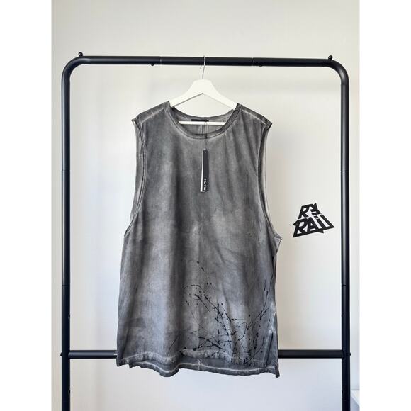 NWT KmRii Splash Cut-Off Tank Top Charcoal Paint Splatter Large - Picture 1 of 7